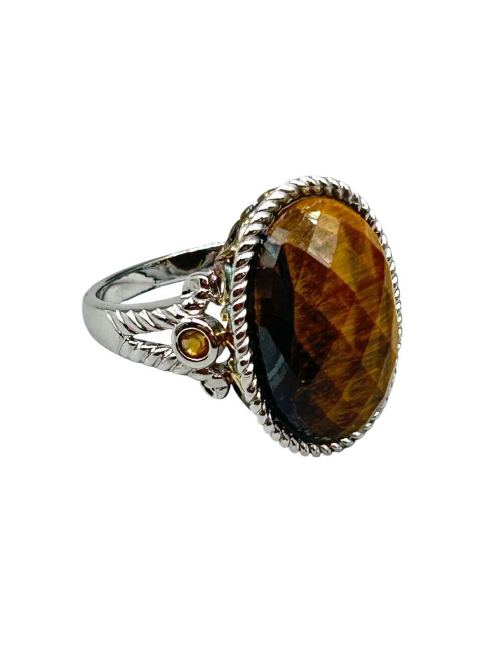 Faceted Tiger Eye Ring Size 8 Sterling Silver 925 Citrine Accent Side Stones